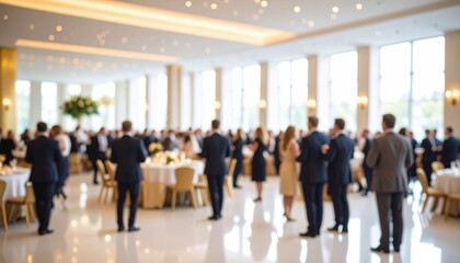 A large formal banquet or corporate gala event with guests mingling in a luxurious hall symbolizing networking, elegance, and social connection