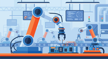 Vector art of a robotic arm assembling a microchip on a circuit board in a smart factory, representing automation, robotics, and advanced manufacturing technology in modern industry