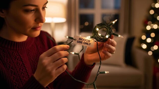 Young caucasian woman untangling Christmas lights for winter holiday decoration, showing an indoor use only label, safety footage.