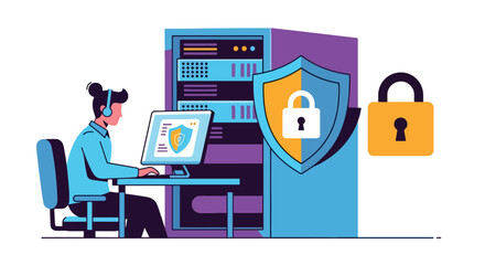 Vector art of an IT specialist monitoring cybersecurity on a computer with secure servers and data protection icons, representing online safety, privacy, and digital network security management