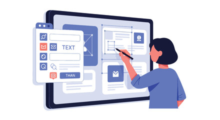 Vector art of a designer working on a tablet creating a mobile app interface in a modern home office, representing creativity, UI design, and digital innovation in technology development