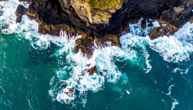 Aerial shot of a rugged coastline where foamy waves crash against dark, rocky cliffs, creating a stunning contrast