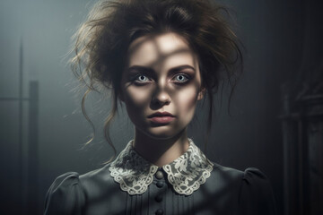 Woman with white eyes in gothic attire, grey dress, an eerie and mysterious portrait for Halloween or horror themed art. Banner template vintage cinema shot.