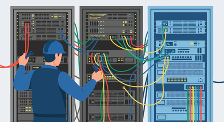 Vector art of an IT technician managing network cables in a data server center, cybersecurity, cloud computing, and modern information technology infrastructure maintenance and connectivity