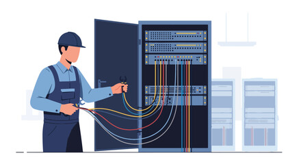 Vector art of an IT technician managing network cables in a data server center, cybersecurity, cloud computing, and modern information technology infrastructure maintenance and connectivity
