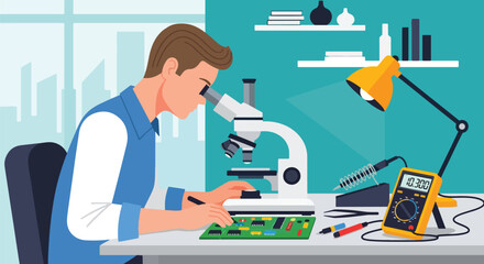 Vector art of an engineer working on an electronic circuit with a microscope in a modern lab, representing innovation, research, and technology development in science and engineering education
