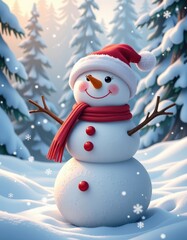 Fototapeta premium A cheerful snowman stands proudly in a snow-covered forest with evergreen trees and soft, falling snowflakes, forest, winter, frosty