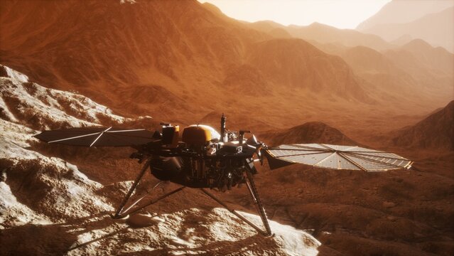 A robotic lander surveys the rugged landscape of Mars, capturing detailed geological features under the warm hues of a distant sun, while equipped with advanced scientific instruments.