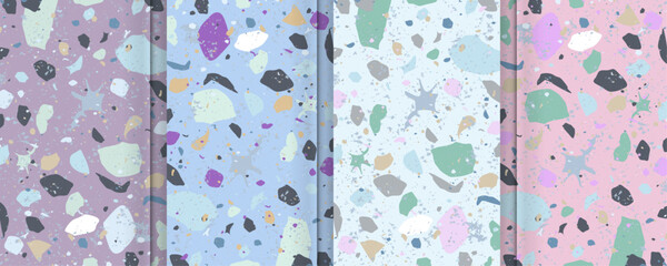 Set of cool winter seamless terrazzo patterns. Patterns suitable for paper, ceramics, marble, and natural stone. Vector illustrations of textured shapes in cool pastel colors.