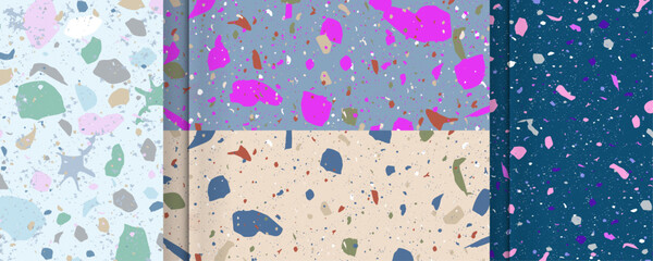 Set of cool winter seamless terrazzo patterns. Patterns suitable for paper, ceramics, marble, and natural stone. Vector illustrations of textured shapes in cool pastel colors.