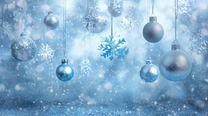 Blue and Silver Christmas Background with Hanging Ornaments for Winter Celebration