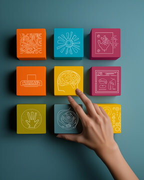 Human-centered design visual with hand arranging skill tiles for emotional intelligence, critical thinking, and collaboration near digital interface
