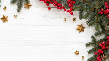 Christmas Border with Pine Branches, Red Berries and Gold Stars on White Wooden Surface for Winter Greeting Card