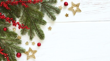 Elegant Christmas Garland with Red Berries, Pine Branches and Gold Decorations on White Wooden Background