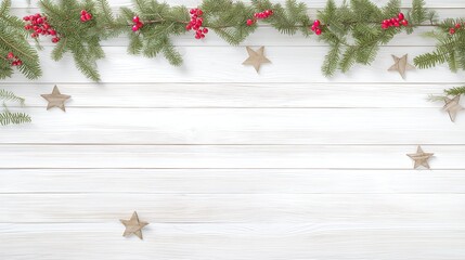 Rustic Christmas Garland with Pine Branches, Red Berries and Wooden Stars on White Background for Holiday Banner