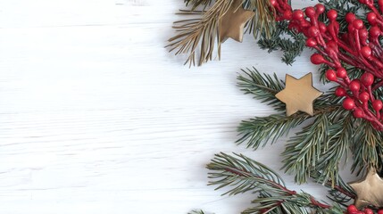 Christmas Composition with Red Berries, Pine Branches and Gold Stars on White Wooden Background for Festive Template