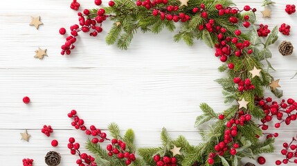 Christmas Wreath with Pine Branches, Red Berries and Wooden Stars on White Table for Winter Celebration Template