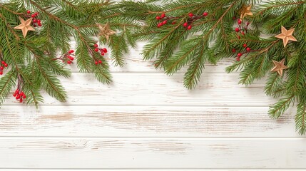 Christmas Pine Branches and Red Berries Garland with Golden Stars on White Wooden Background for Holiday Banner or Template Design