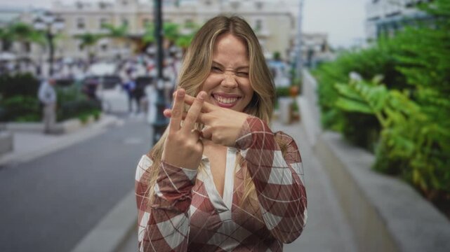 Blonde woman uses index fingers to form hashtag symbol on busy urban street; playful fun connection.