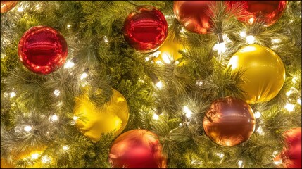 Golden and Red Christmas Ornaments with Twinkling Lights