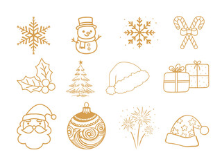Collection of golden Christmas icons designed for luxury and festive projects. Includes gold Christmas trees, stars, bells, snowflakes, and gift symbols in minimalist style.