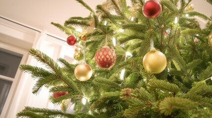 Golden and Red Glitter Christmas Ball Hanging on Pine Tree