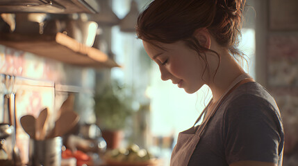 Young woman enjoys cooking in her bright, cozy kitchen, preparing delicious, healthy food with a mindful and calm focus for a lifestyle blog post