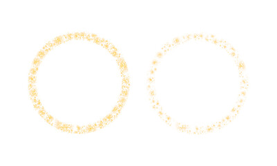 Glowing circular golden yellow frame with sparkle effect and glitter overlay circle bokeh light, luminous dots and magic dust for festive ring border, wedding round frame