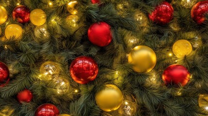 Close-up of Christmas Tree with Red and Gold Ornaments and Warm Lights
