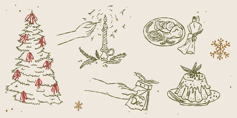 Whimsical Christmas elements set with tree, pudding, candle, festive dinner, and calendar. Vintage hand drawn line ink outline vector in retro minimal style. Cozy holiday illustration with texture.