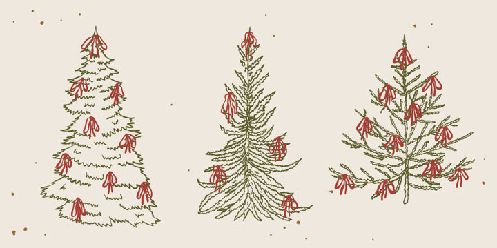 Whimsical Christmas tree with bow decoration set. Hand drawn minimal line scribble style. Vintage ink texture, retro charm. Outline festive elements. Chalk, crayon touch. Isolated vector illustration.
