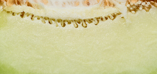 Close-up of the texture of the juicy greenish-white flesh of a melon showing the seed chamber.