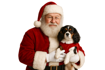 Santa Claus holding a small dog dressed in red. Cute and heartwarming Christmas portrait.