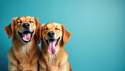 Two golden retriever dogs smile with eyes closed and tongues out on a teal backdrop. These happy pets look joyful and friendly, perfect for pet care ads.