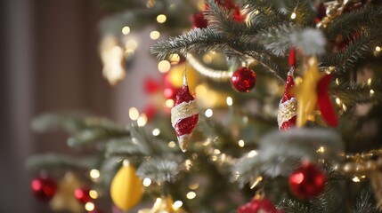 Elegant Christmas Tree Ornaments in Red and Gold with Sparkling Lights
