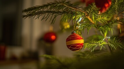 Single Red and Gold Christmas Ornament Hanging on Pine Tree