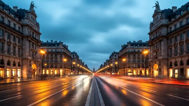 Evening street scene in Paris with blurred car lights and historic buildings