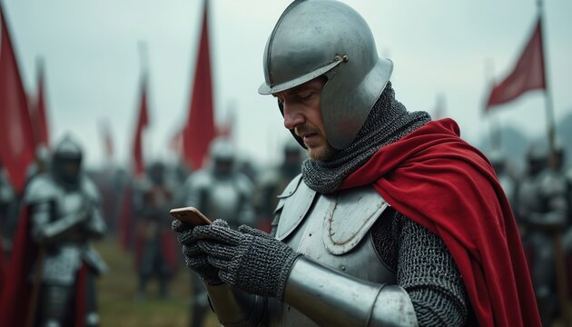Medieval knight in armor uses a smartphone on a battlefield. He stands with other soldiers with red flags. Old world warrior connects with modern tech device. Past meets present time.