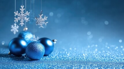 Blue Christmas Balls and Snowflakes on Glittering Surface