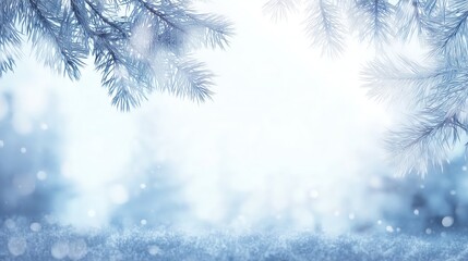 Frosty Pine Branches with Snowflakes on Winter Background