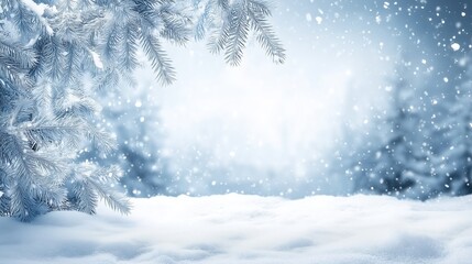 Winter Landscape with Snowy Fir Branches and Soft Light