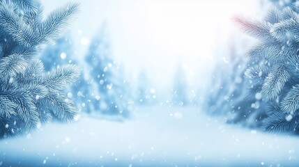 Frosty Pine Trees in Snowy Winter Forest Background