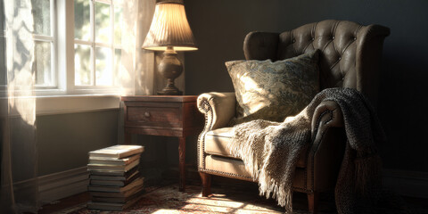 Classic leather armchair bathed in sunlight offers a cozy reading nook with vintage charm and a warm, inviting atmosphere perfect for relaxation