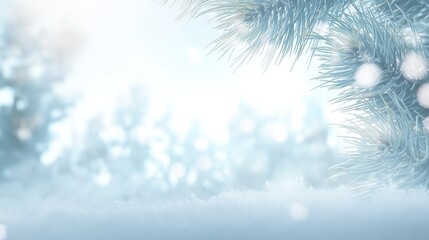 Snowflakes Falling on Frozen Pine Needles in Winter