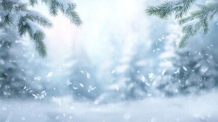 Snow Covered Pine Branches and Falling Snowflakes in Winter