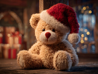 Adorable teddy bear with Santa hat bringing holiday cheer and nostalgic warmth, ideal for Christmas cards, children's books, and seasonal promotions
