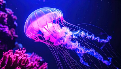 Bioluminescent jellyfish drifting in deep sea glowing with neon pink and blue light symbolizing fragility of marine life and surreal cosmic wonder