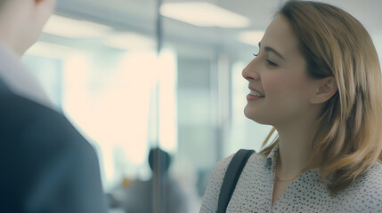 Smiling businesswoman discussing work in bright office setting, collaboration and teamwork in modern workplace, professional and confident, leadership
