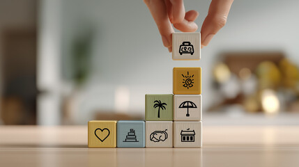 Modern HR concept showing hand placing benefit tiles for wellness, financial security, holidays, and retirement in minimalist interior 