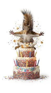 squirrel bursting out of a birthday cake on a solid white background, dessert, celebration
